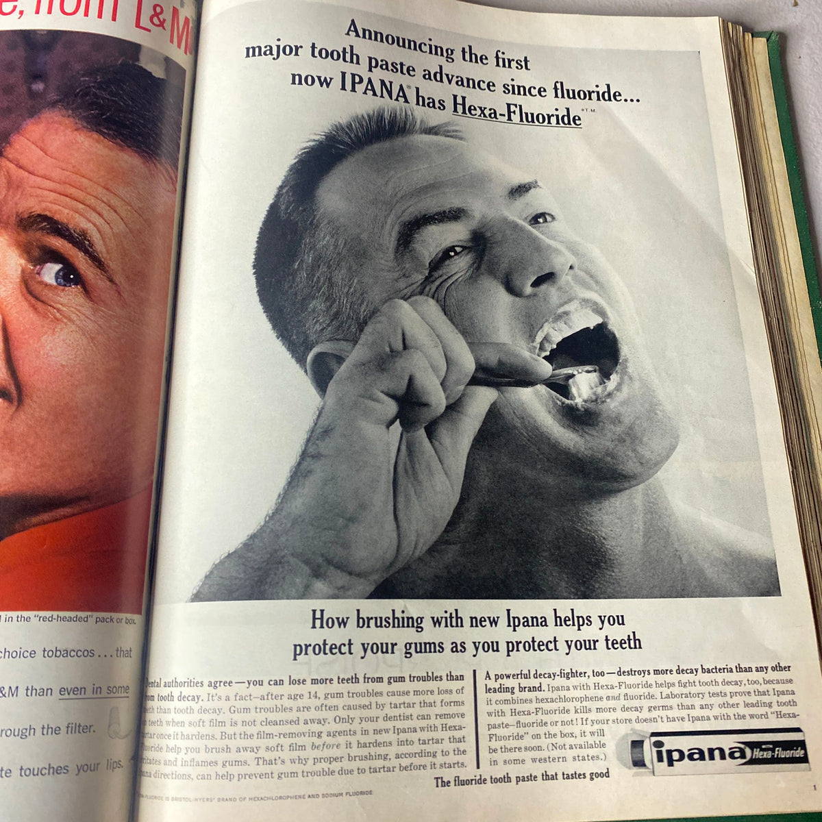 Magazine page from VTG 1962 Bound Life Magazine featuring an advertisement for Ipana toothpaste with a man brushing his teeth.