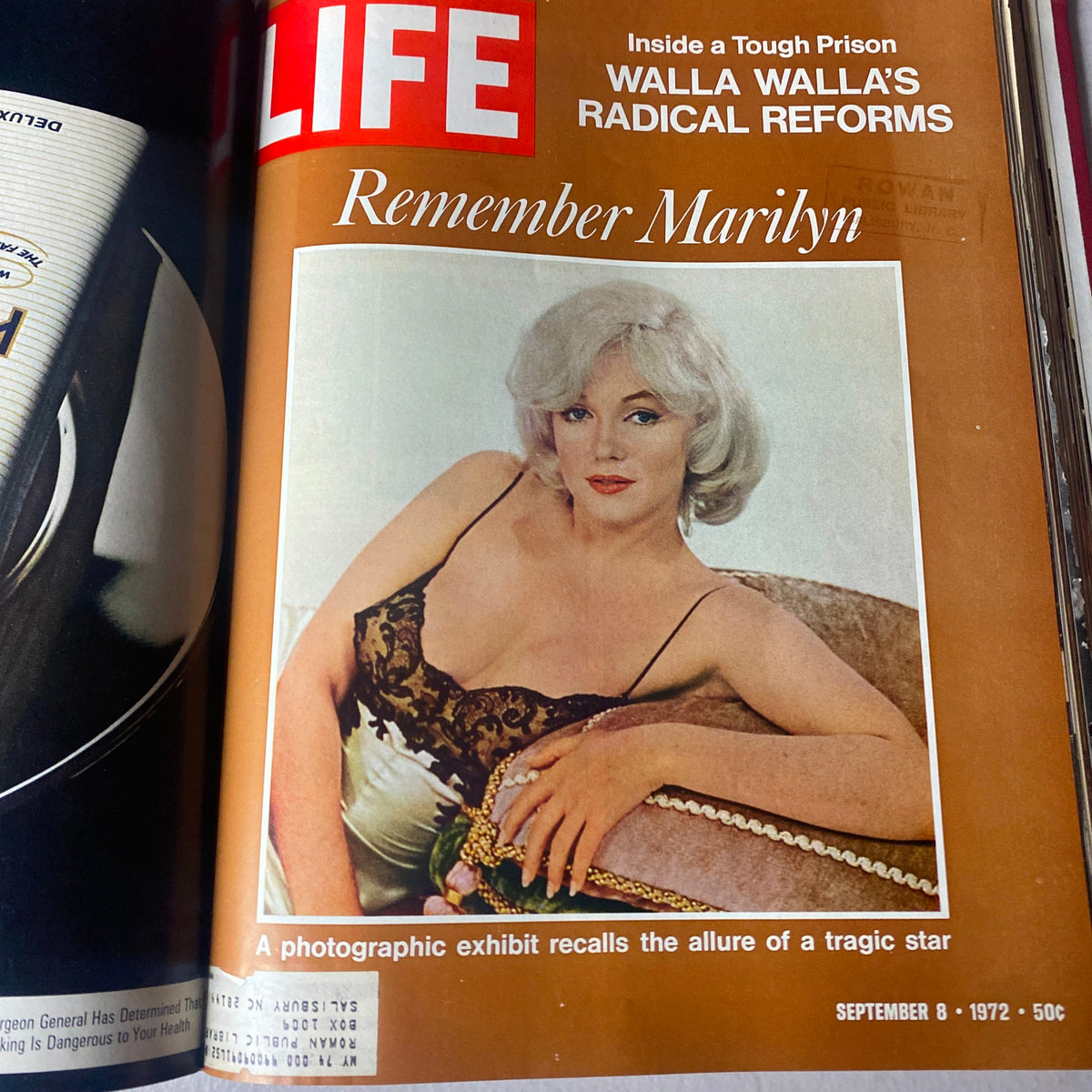 Cover of VTG 1972 Bound Life Magazine remembering Marilyn Monroe, featuring a photographic exhibit capturing her allure and significance in American culture.