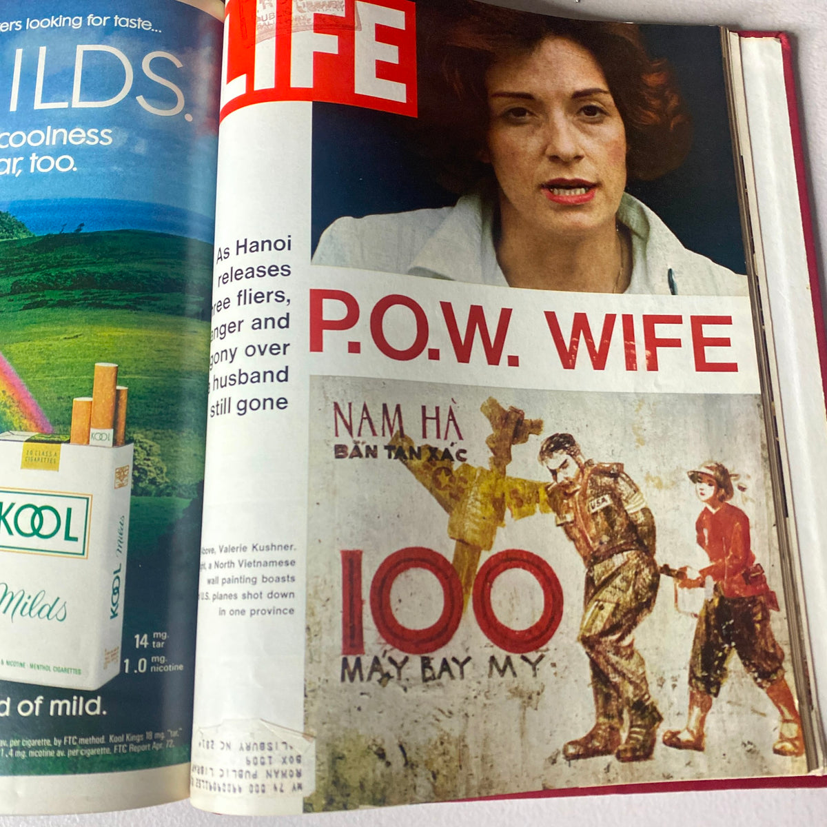 VTG 1972 Bound Life Magazine showcasing a feature titled 'P.O.W. Wife' with photographs and headlines highlighting the emotional aspects of wartime families.