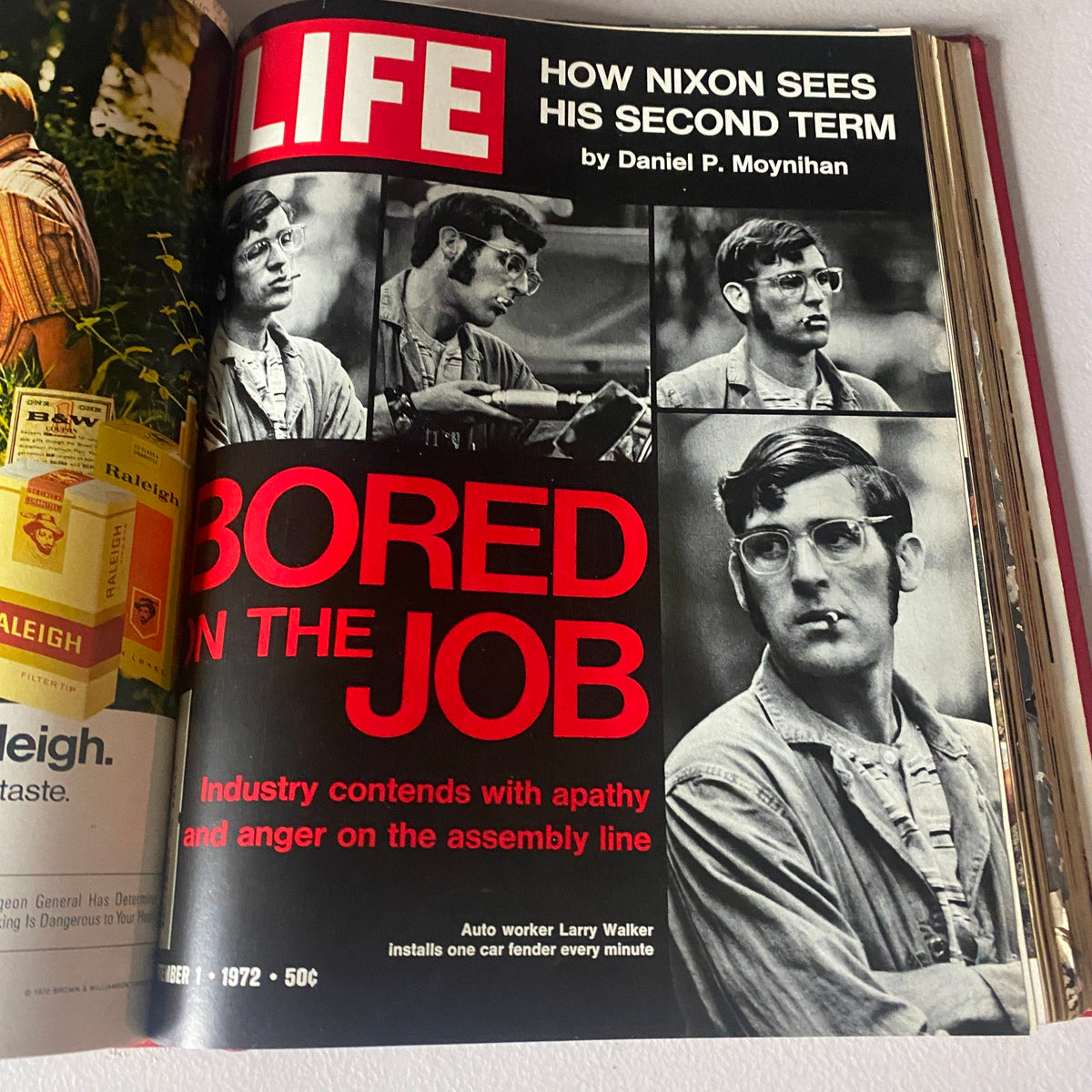 VTG 1972 Bound Life Magazine depicting an article titled 'Bored on the Job' examining worker apathy during Nixon's second term, featuring striking black and white images.
