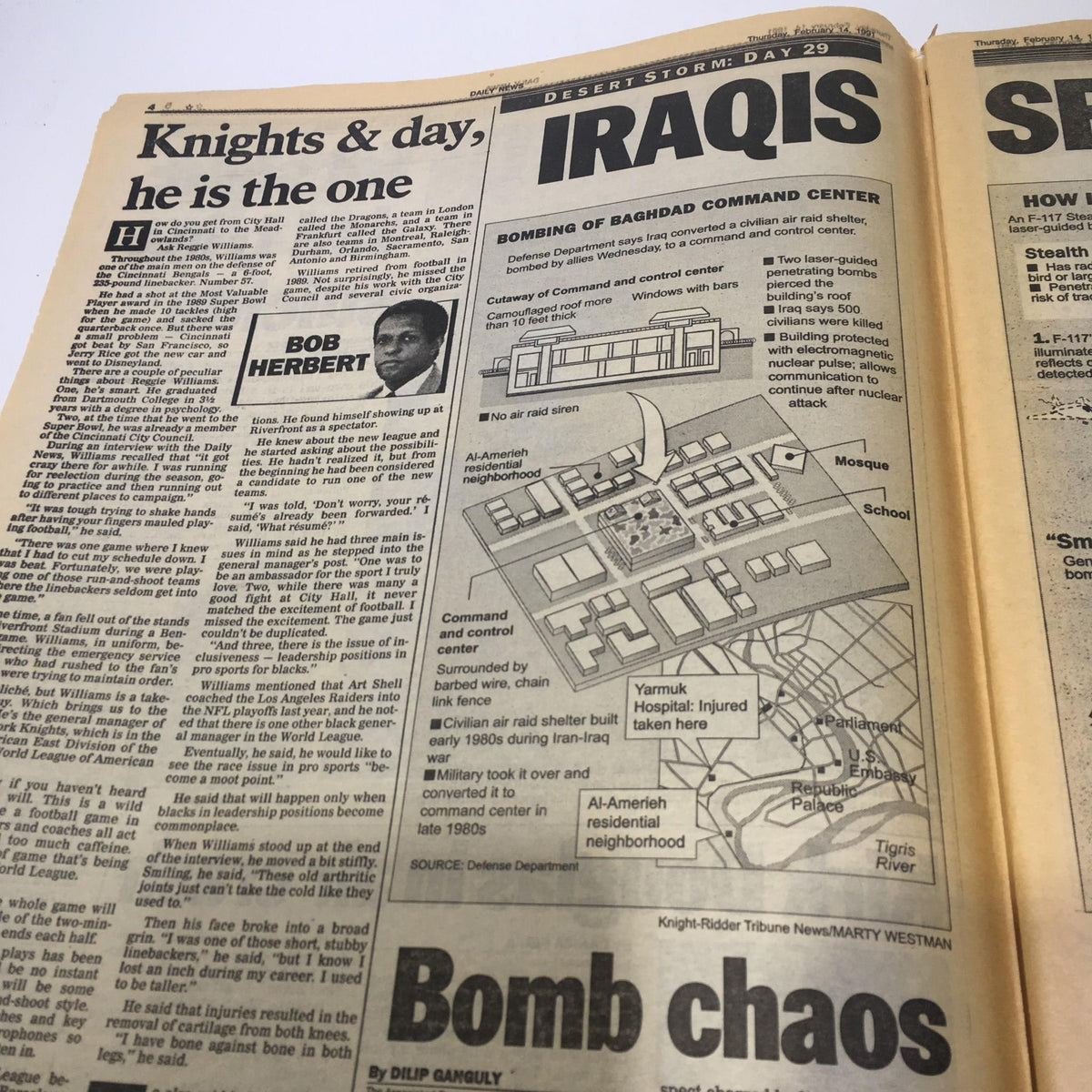 New York Daily News: Feb 14 1991, Firestorm Over U.S Firebomb, featuring articles about the bombing of Iraq, including a map of Baghdad Command Center and details on military operations during Desert Storm.