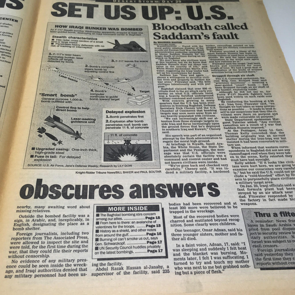 New York Daily News: Feb 14 1991, Firestorm Over U.S Firebomb, showing analysis on the bombing bunker, implications of military actions, and the ensuing chaos as reported in the media.