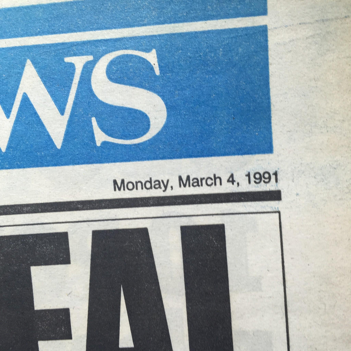 Detail of the NY Daily News date section showing 'Monday, March 4, 1991' associated with the headline 'WAR ORDEAL OF CBS 4'.