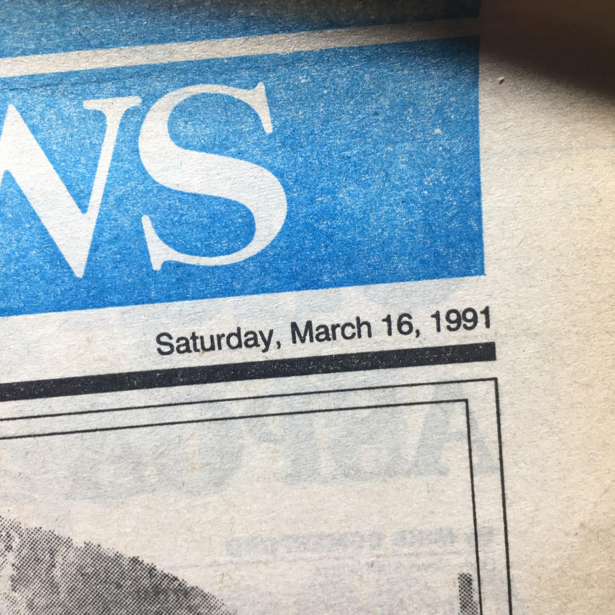 Close-up of the New York Daily News header showing date Saturday, March 16, 1991, for the edition titled 'A Blast!'.
