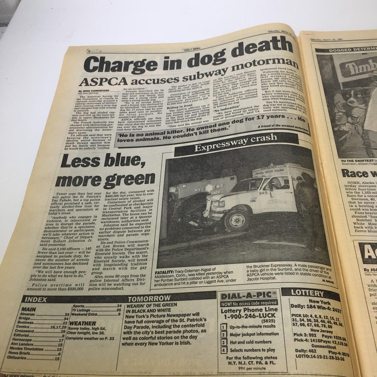 Full page article from NY Daily News on March 16, 1991, detailing a charge in dog death, highlighting ASPCA's accusations against a subway motorman.