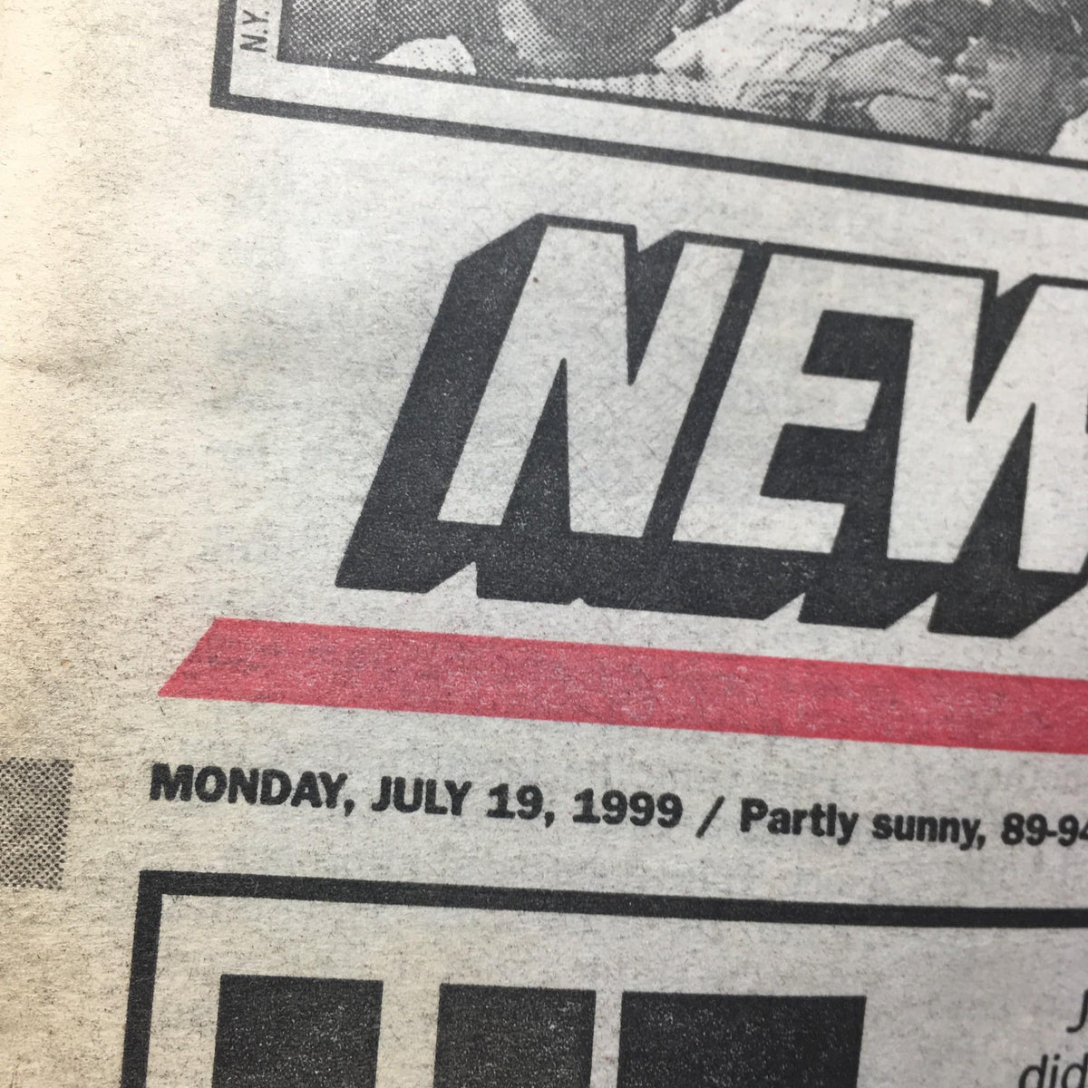 Close-up of the New York Post date section showing 'MONDAY, JULY 19, 1999' along with a weather update, part of the article 'He Didn't Want to Fly.'