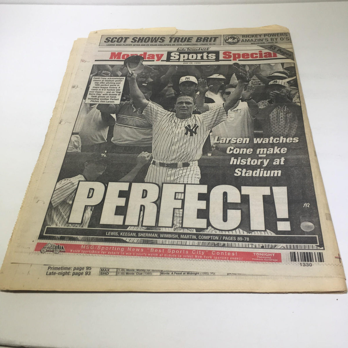 New York Post headline from July 19, 1999, highlighting 'Perfect!' and featuring a photo related to the New York Yankees game with the text 'Larsen watches Cone make history at Stadium'.