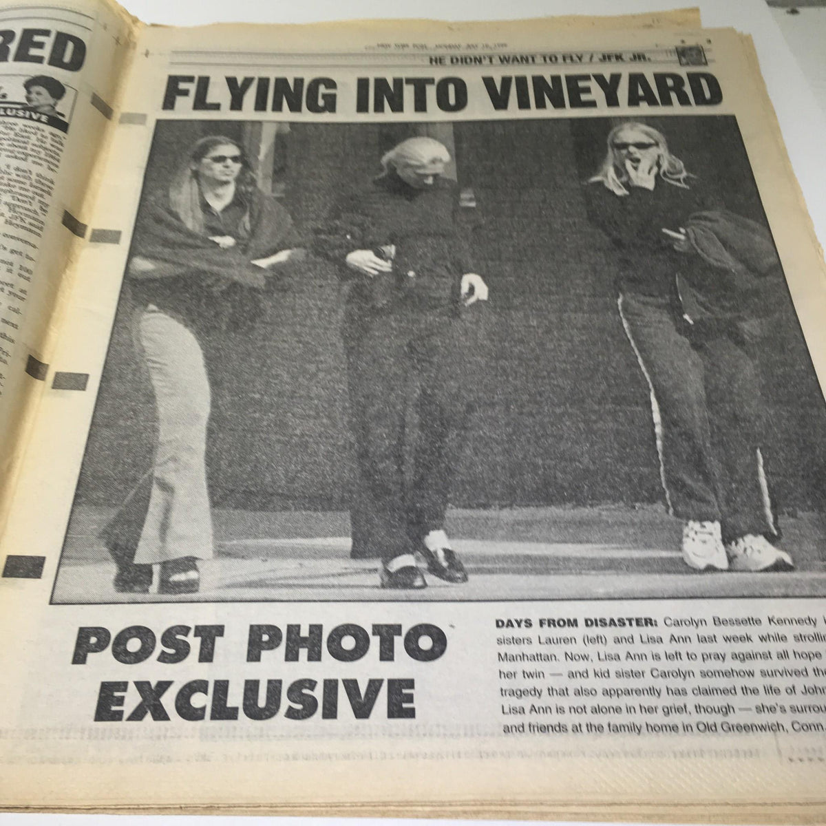 New York Post exclusive titled 'Flying Into Vineyard' showing Carolyn Bessette Kennedy and friends, capturing moments before the tragedy involving John F. Kennedy Jr.