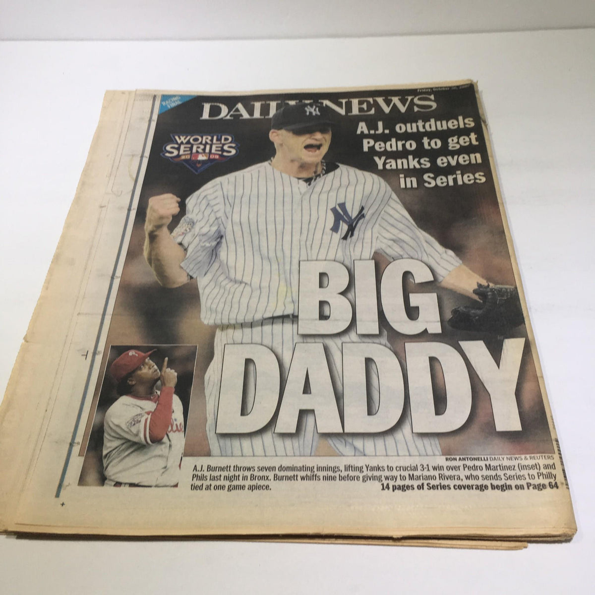 NY Daily News: Oct 30 2009, Blast Off Yanks Power Past Phils, Tie Series - Front page featuring A.J. Burnett with the headline 'BIG DADDY' after a Yankees victory.