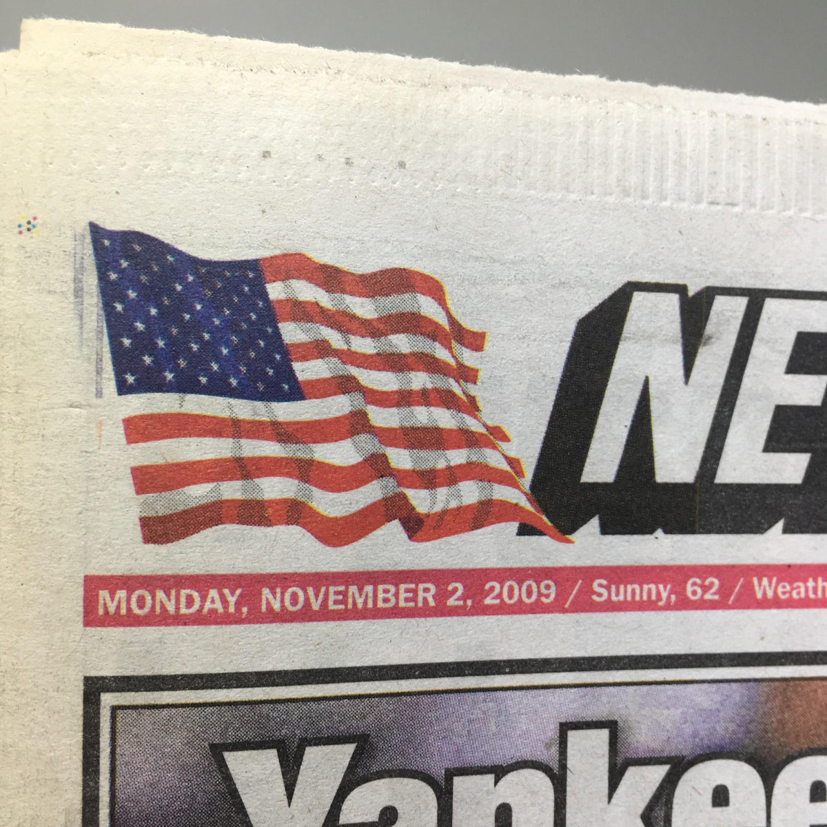American flag graphic on the New York Post dated November 2, 2009, showcasing the date and weather while highlighting the excitement of the Yankees' World Series run.