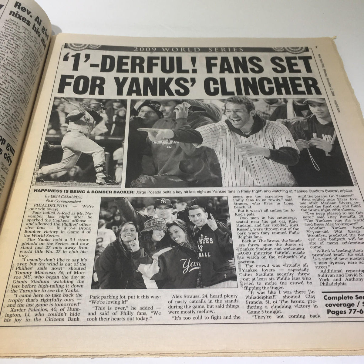 Page from the New York Post highlighting fan excitement and insights on the Yankees' clincher, showcasing the enthusiasm of supporters during the 2009 World Series.