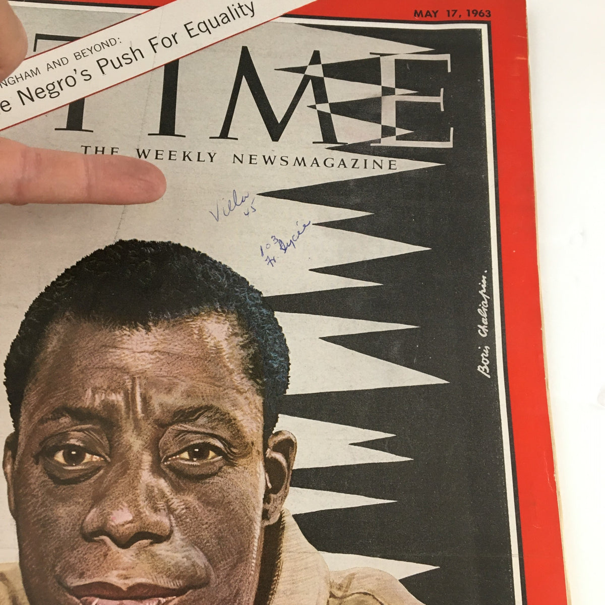 Cover of Time Magazine May 17, 1963, featuring James Baldwin, highlighting the theme of equality with an illustration and handwritten notes.