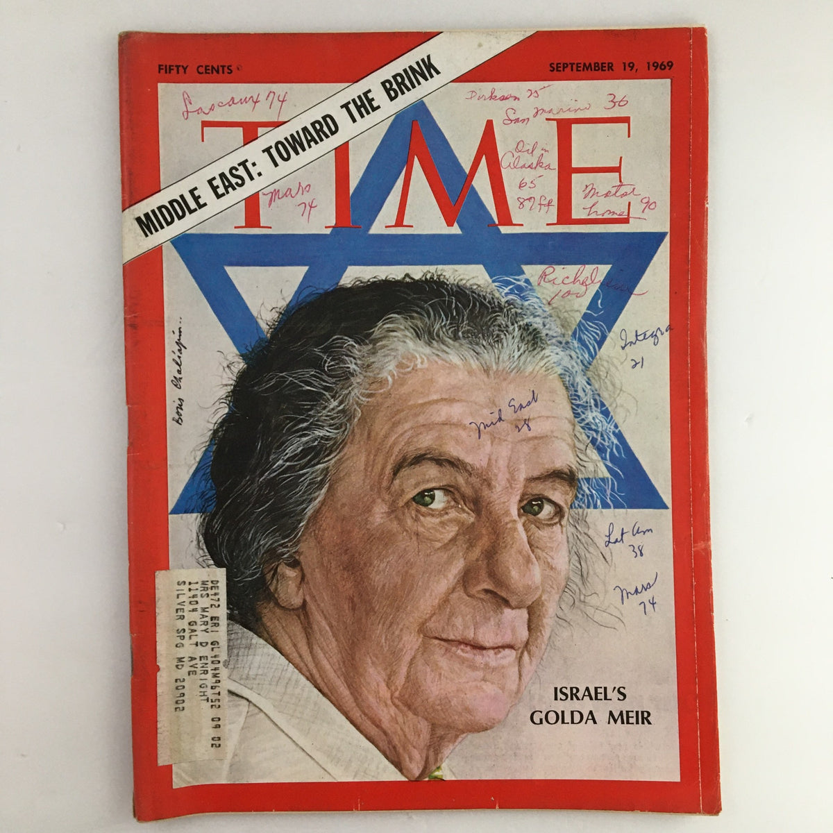 Cover of Time Magazine September 19, 1969 featuring Israel's Golda Meir with notable address label and handwritten annotations, Volume 94, Number 12.
