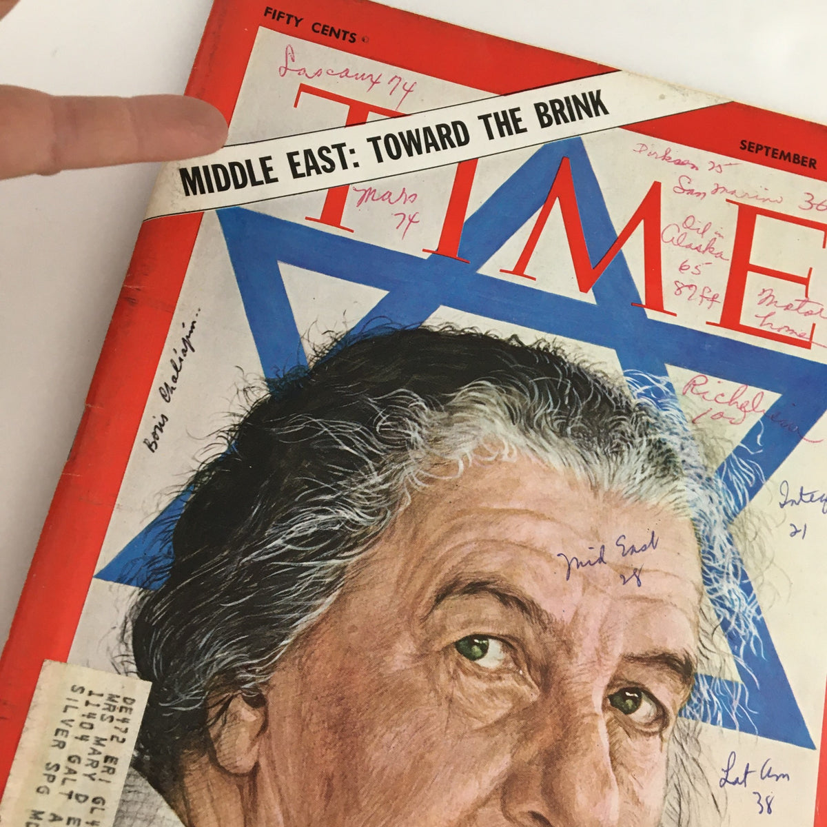 Close-up of Time Magazine cover from September 19, 1969 showing Israel's Golda Meir, featuring handwritten notes and address label touches, Volume 94, Number 12.