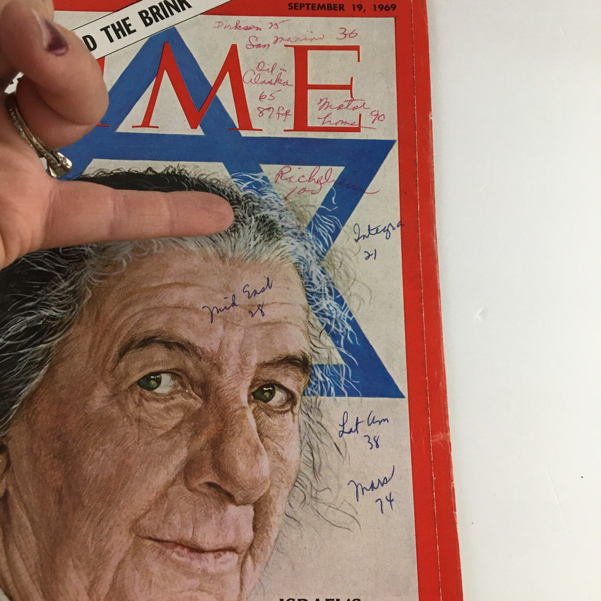 Zoomed-in view of Time Magazine cover dated September 19, 1969 highlighting Israel's Golda Meir, with visible inscriptions and address label, Volume 94, Number 12.