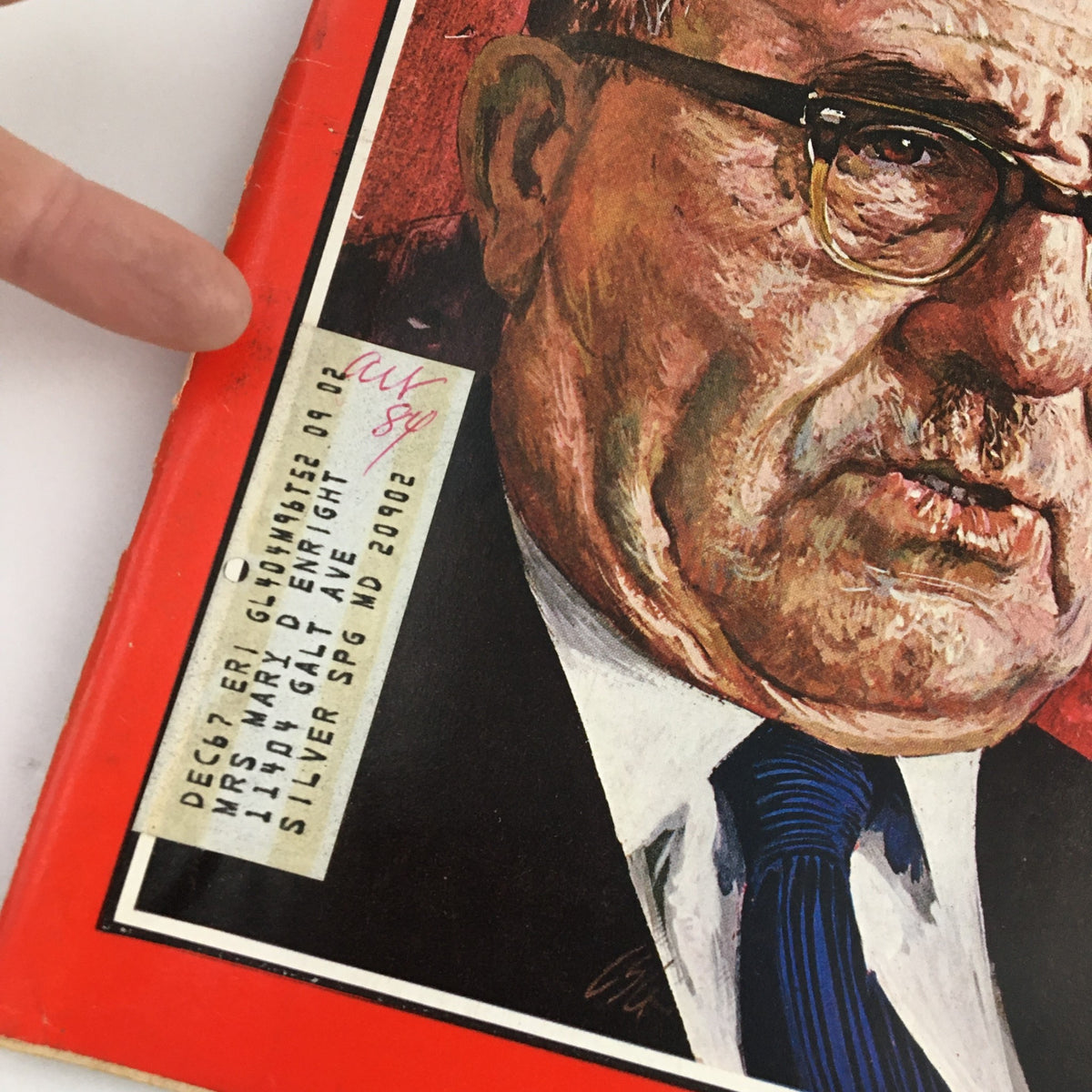 Detail of the Time Magazine June 9, 1967 Vol. 89 No. 23 showing an address label on the corner of the cover, featuring a portrait of Israel's Premier Levi Eshkol.