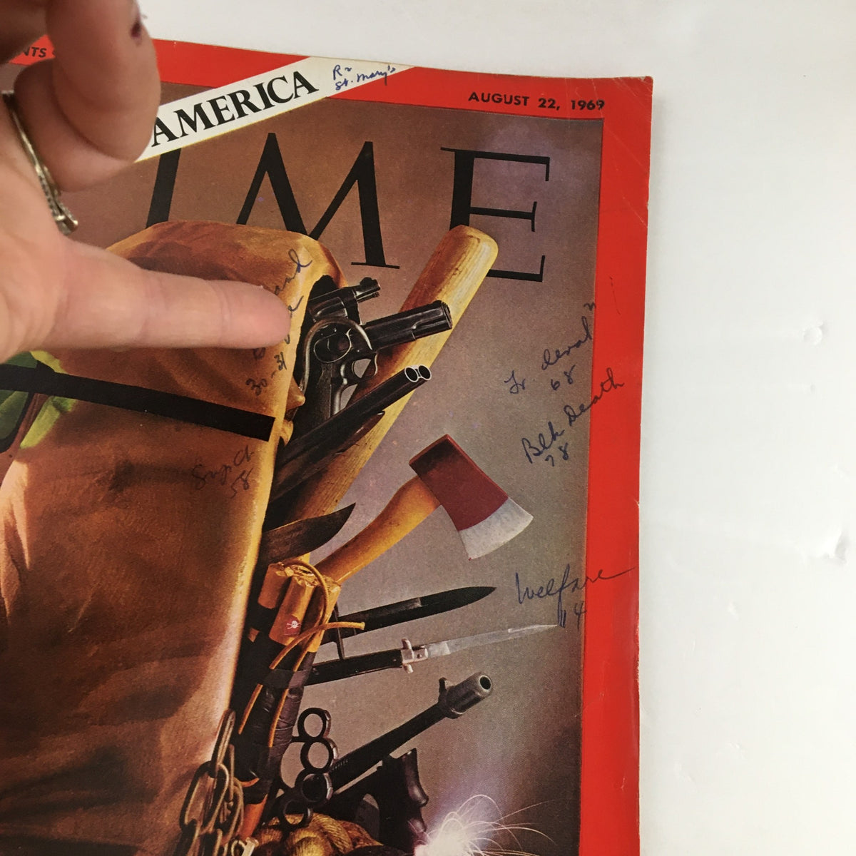 Another view of the Time Magazine August 22 1969 Vol. 94 No. 8 cover, highlighting various weapons illustrated and annotations around 'The Mafia vs. America'.