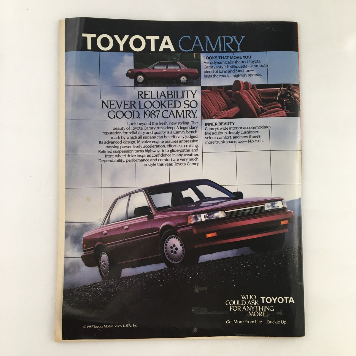An advertisement from the August 17, 1987 edition of Time Magazine for the 1987 Toyota Camry, highlighting its features and reliability.