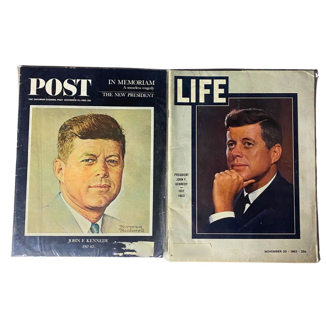 Lot of 2 VTG The Saturday Evening Post & Life Magazine 1963 featuring John F. Kennedy with iconic cover images.