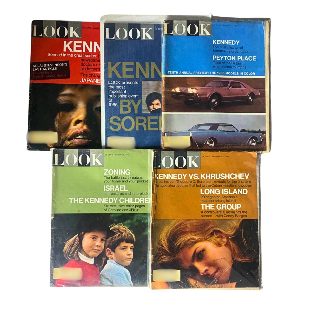Lot of 5 VTG Look Magazine issues from 1965, featuring covers with John F. Kennedy and Jackie Kennedy, showcasing rich historical content and beautiful cover art.