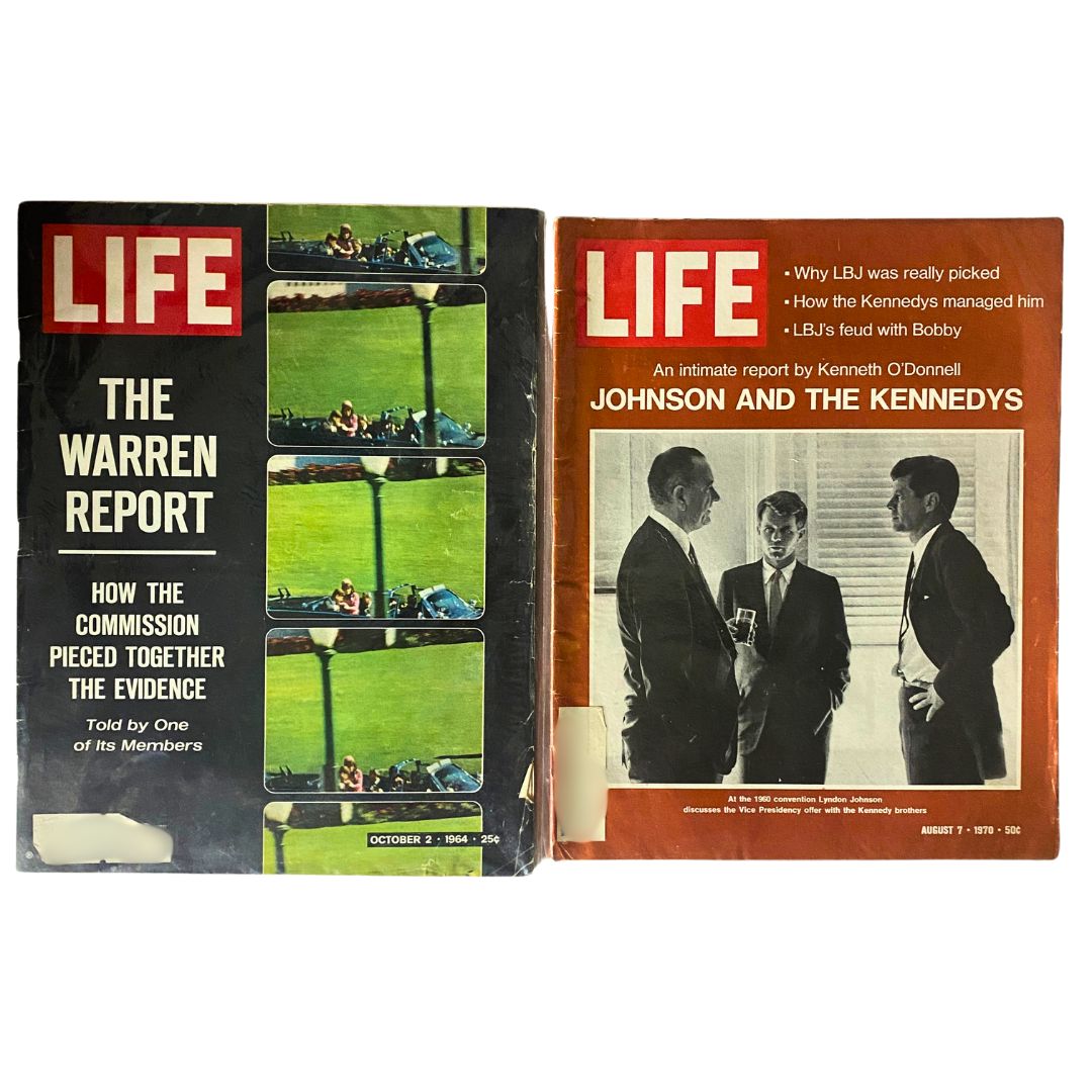 Vintage Life Magazine covers featuring The Warren Report from 1964 and an article on Johnson and the Kennedys from 1970. A historical collection documenting key moments in American history.