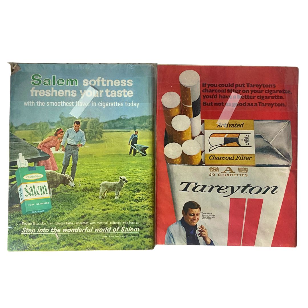 Vintage cigarette advertisements for Salem and Tareyton cigarettes, showcasing classic marketing imagery and branding from the past.