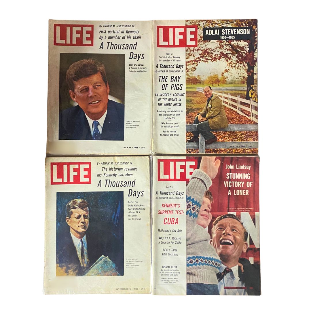 Lot of 4 VTG Life Magazines featuring John F. Kennedy from July and November 1965, including iconic covers with Kennedy's portrait and articles about his presidency.