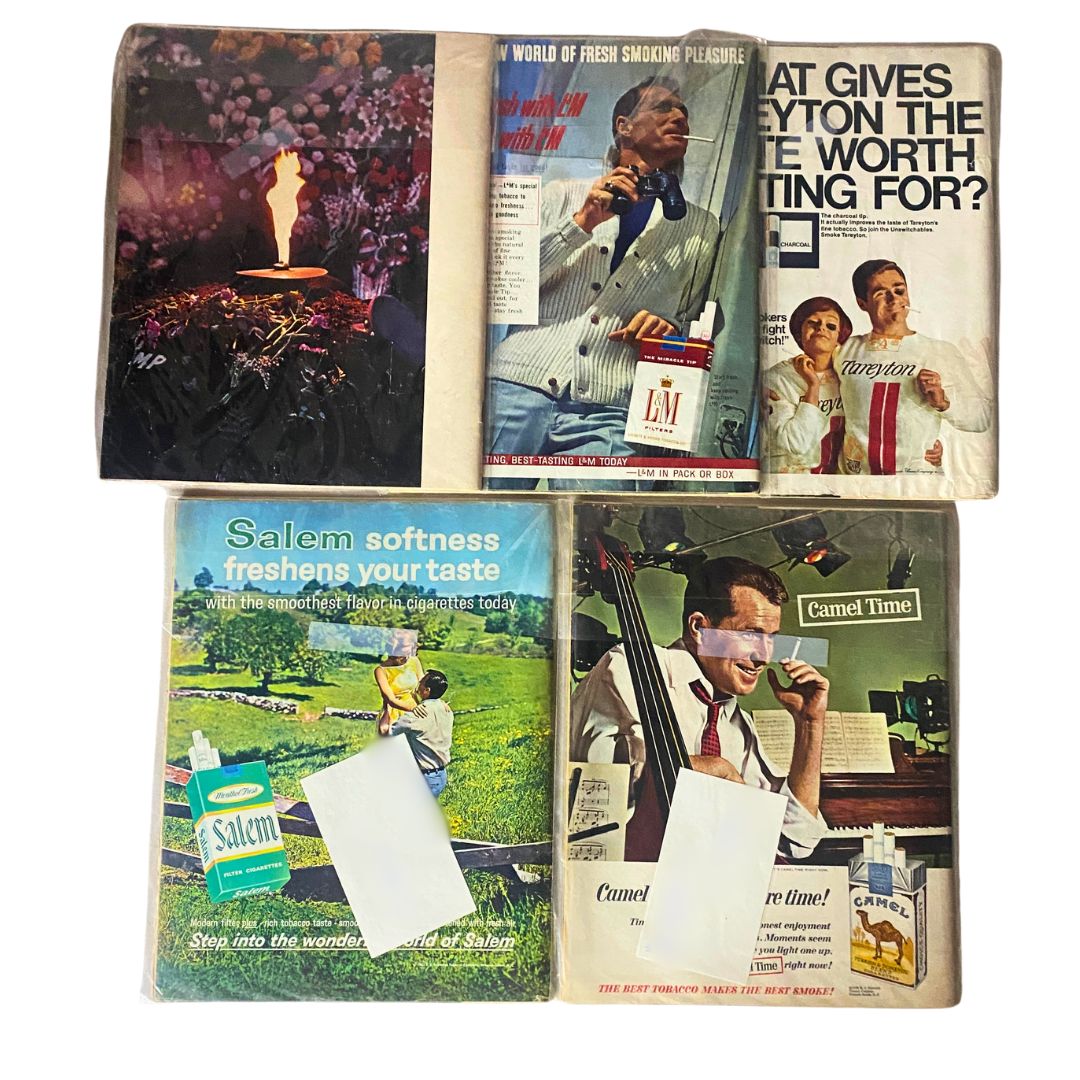 Collection of vintage advertising pages from Look magazine, including brands like Salem and Camel. Part of the 'Lot of 5 VTG Look Magazine 1964 1967 Jacqueline Kennedy & The JFK Memorial Issue'.