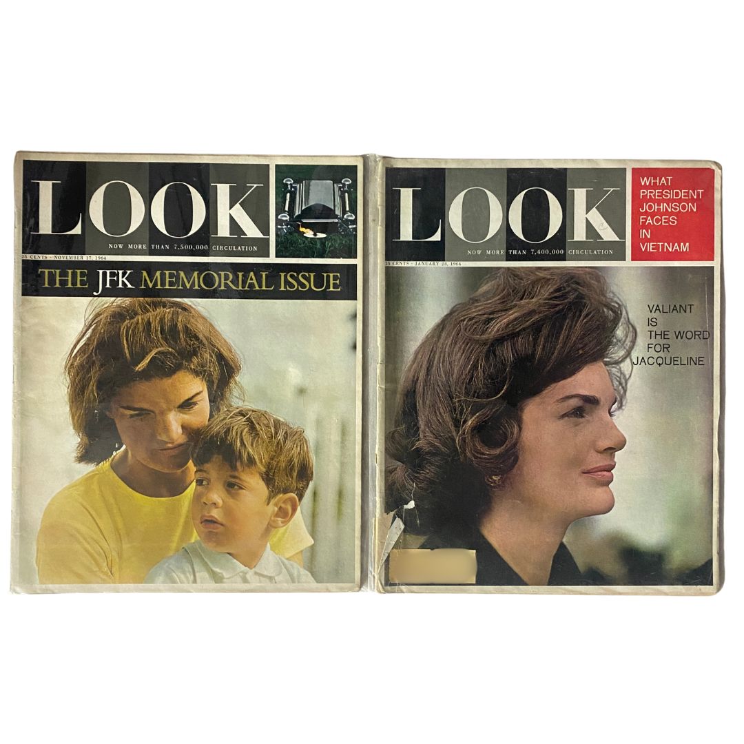 Cover of two vintage Look magazines: JFK Memorial Issue and an edition featuring Jacqueline Kennedy, part of 'Lot of 5 VTG Look Magazine 1964 1967 Jacqueline Kennedy & The JFK Memorial Issue'.