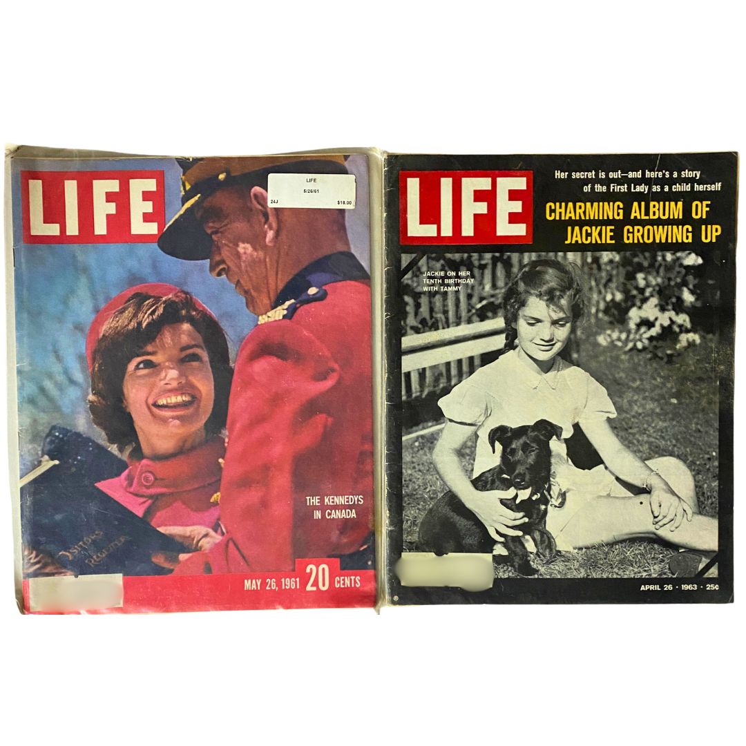 Lot of 5 VTG Life Magazine featuring Jacqueline Kennedy, including the May 26, 1961 cover with Jackie smiling alongside a man in uniform, and the April 26, 1963 cover highlighting Jackie as a child with her dog.