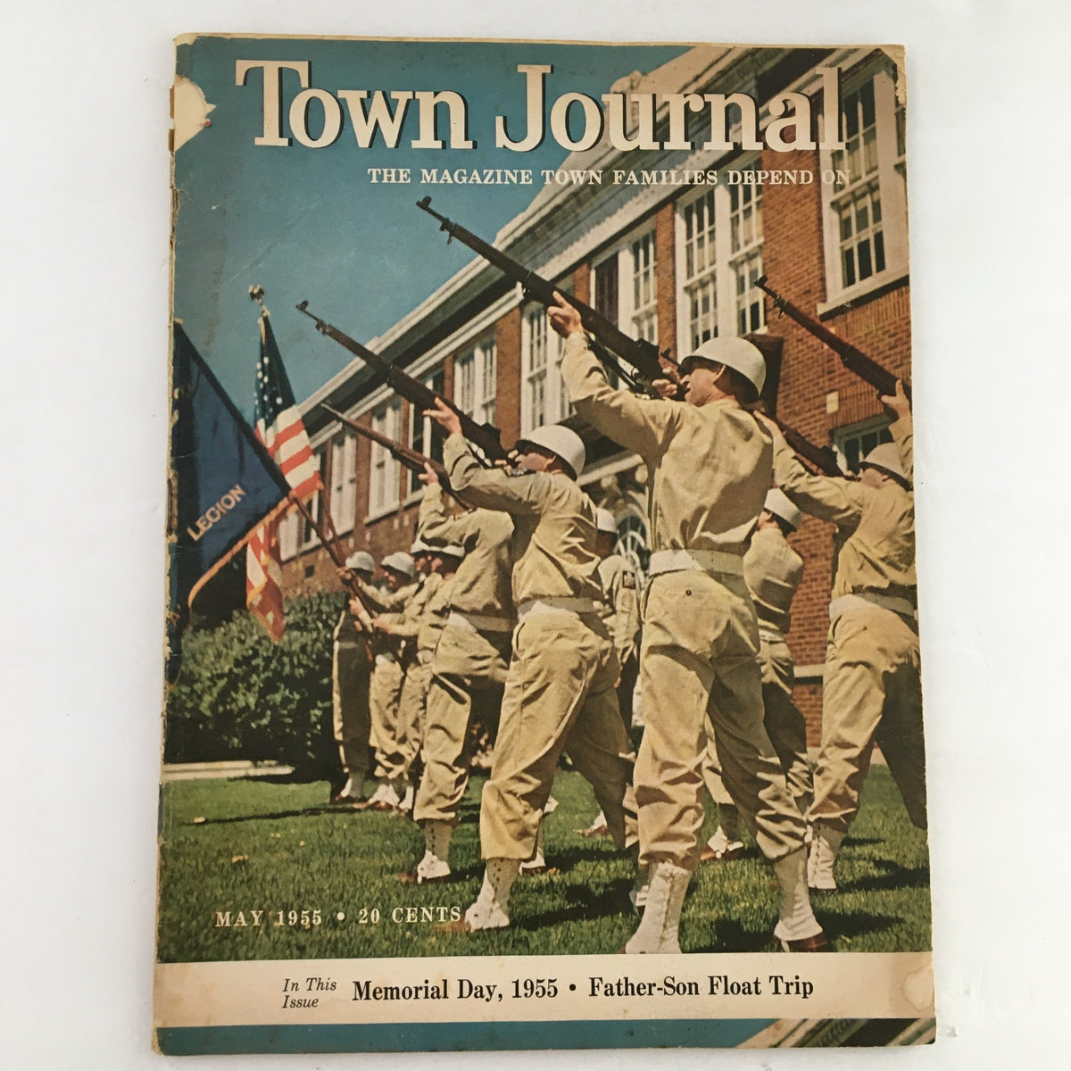 Cover of Town Journal Magazine May 1955 featuring a Memorial Day celebration with parade participants in uniform holding rifles and flags.