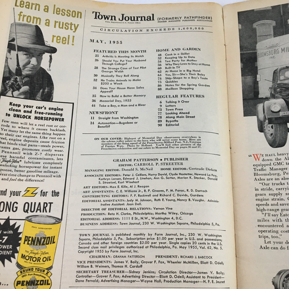 Inside page of Town Journal Magazine May 1955 showcasing the contents and articles featured in the issue, highlighting Memorial Day and vintage advertisements.