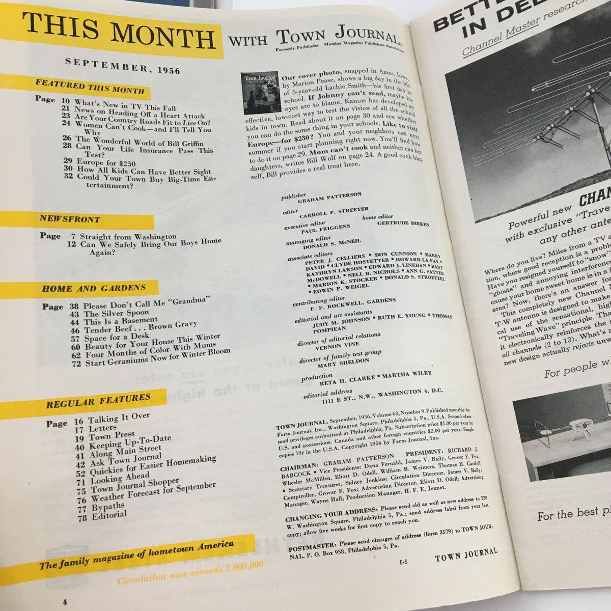 Interior page of Town Journal Magazine September 1956 showing the contents and featured articles for the month, highlighting cultural insights and topics of the era.