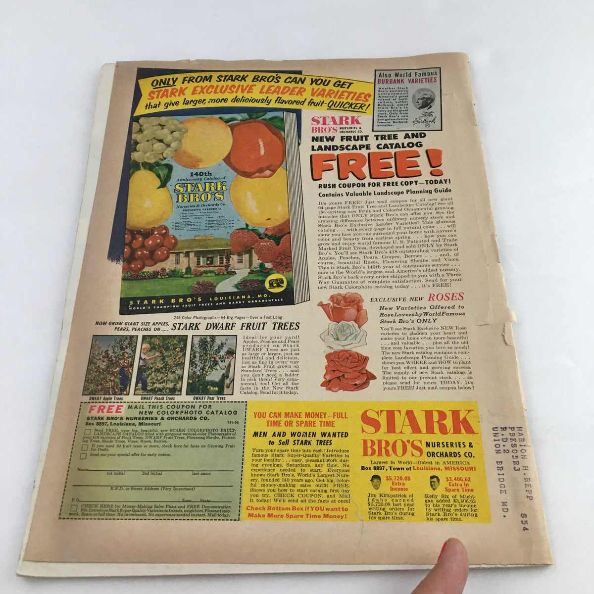 Back cover of Town Journal Magazine September 1956 featuring advertisements for Stark Bros. fruit trees, reflecting mid-20th century marketing and gardening interests.
