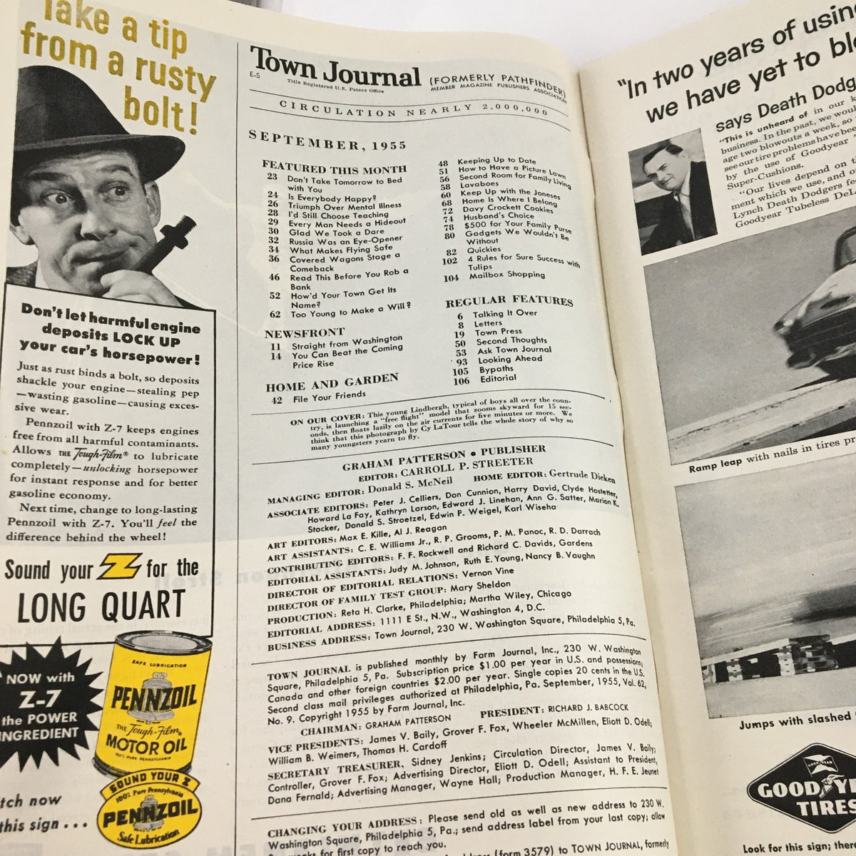 Interior page of Town Journal Magazine September 1955 showcasing featured articles and magazine layout.