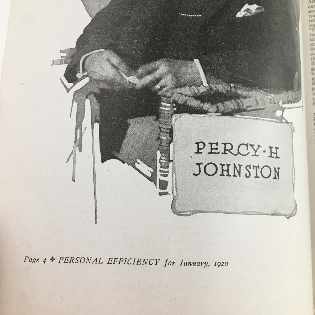 Interior page of Personal Efficiency Magazine January 1920 depicting a man named Percy H. Johnston sitting in a chair.