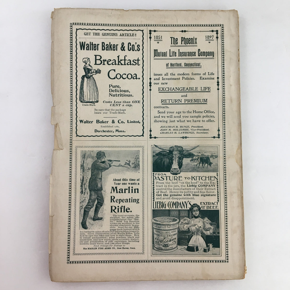 Back cover of Munsey's Magazine November 1897 Vol. 18 No. 2 featuring advertisements for Walter Baker & Co.'s products and other promotions.