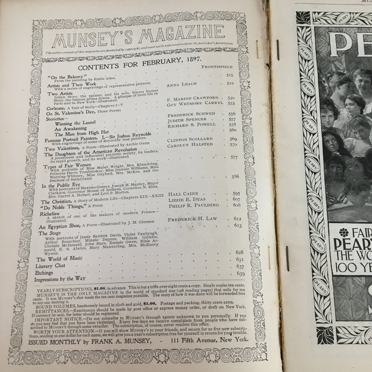 Inside page of Munsey's Magazine Midwinter 1897 displaying the table of contents, showcasing articles and literary content from February 1897.