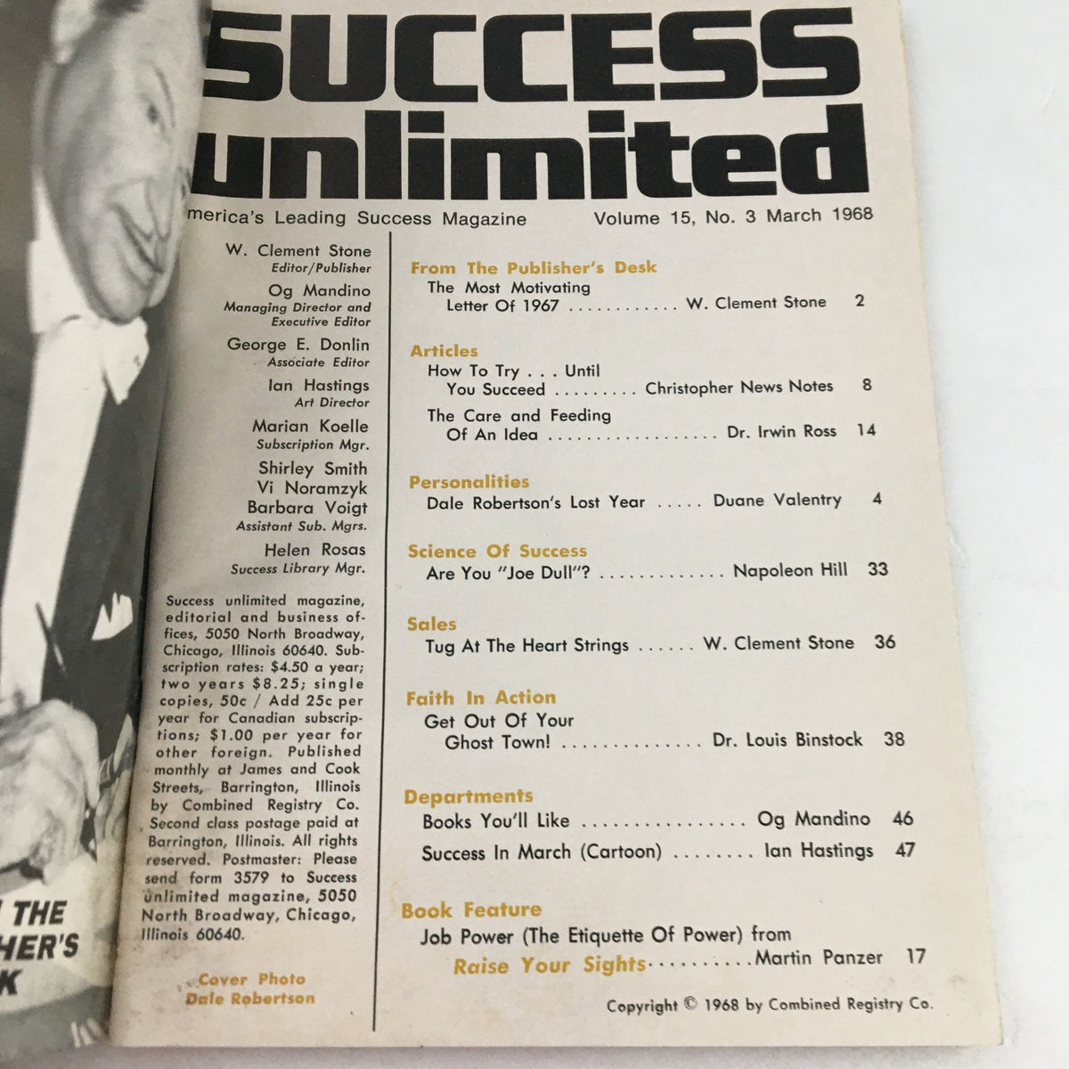 Cover of Success Unlimited Magazine, March 1968, featuring the title and article list including 'Dale Robertson's Lost Year' and various inspirational topics.