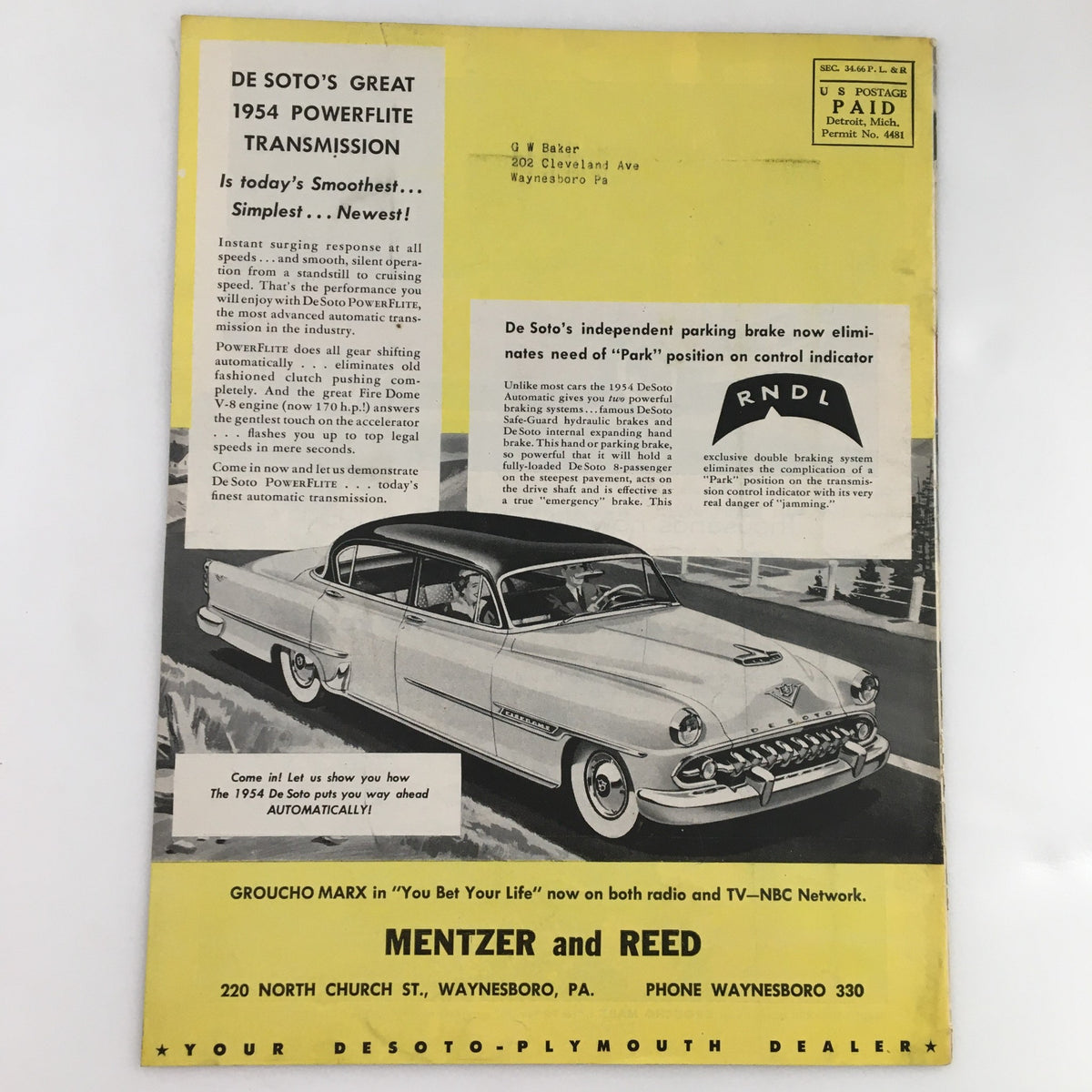 Back cover of People and Places Magazine February 1954 showcasing an advertisement for De Soto's 1954 Powerflite transmission, highlighting key features of the vehicle.