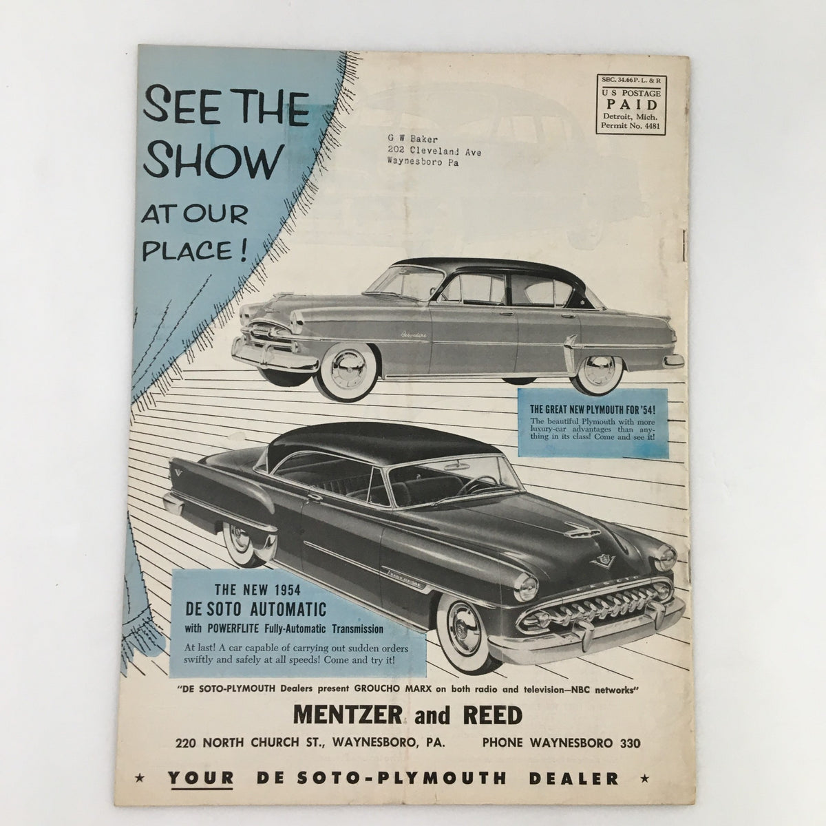 Back cover of People and Places Magazine, November 1953 displaying a vintage advertisement for De Soto Plymouth cars with a charming retro design.