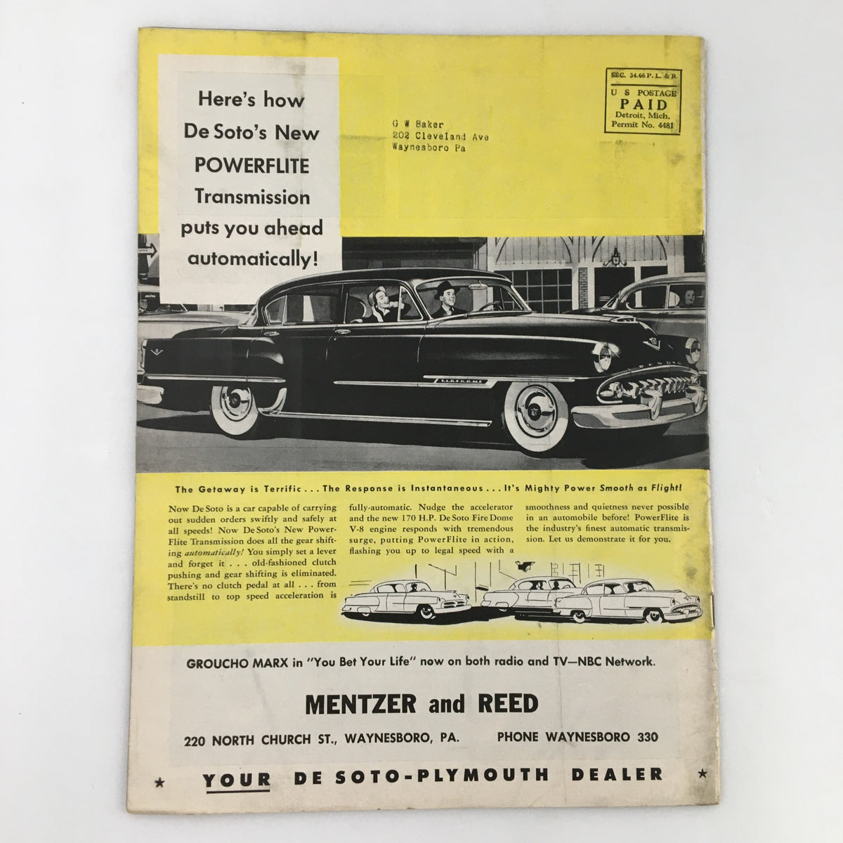 Back cover of People and Places Magazine December 1953 highlighting De Soto's new Powerflite Transmission with a classic car advertisement.