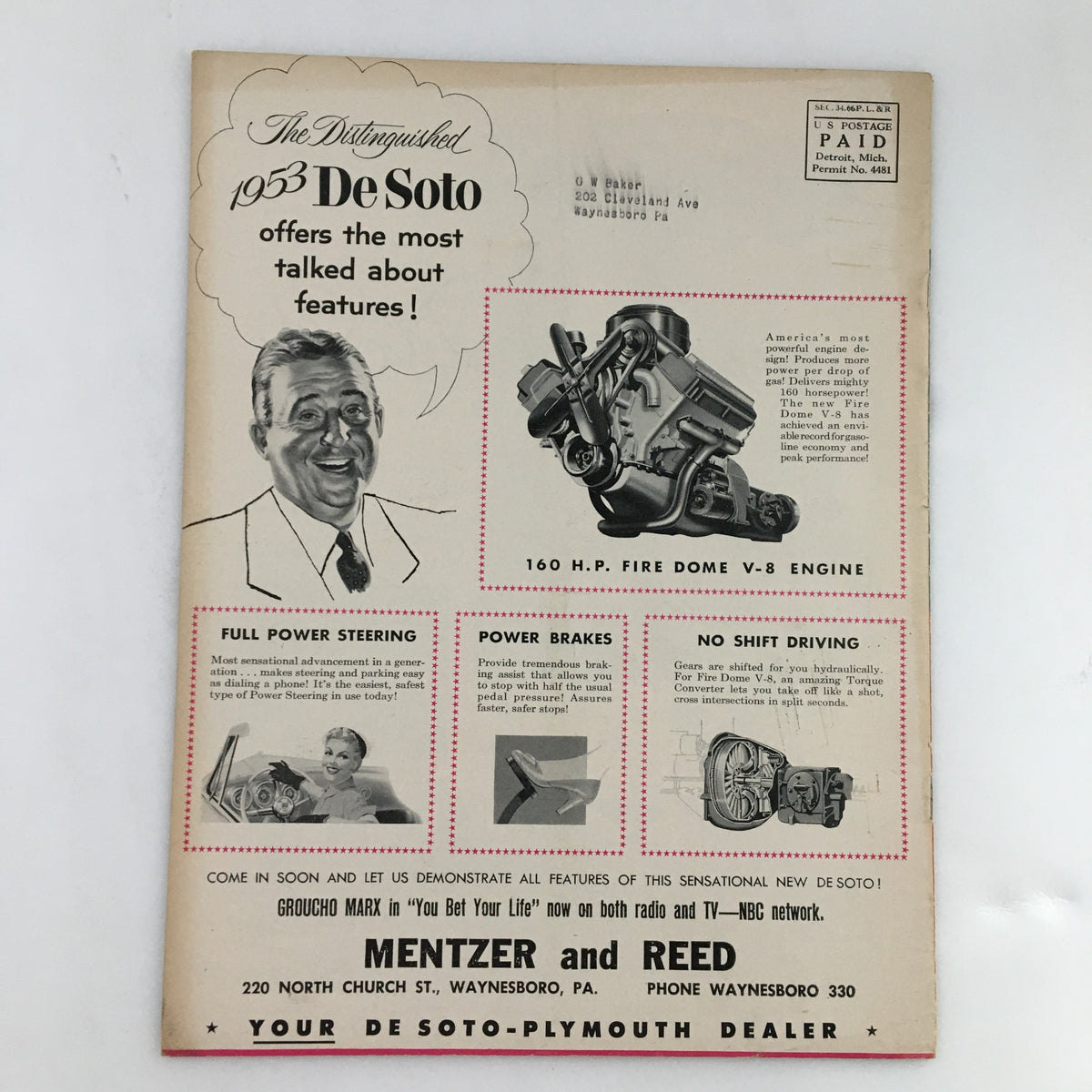 Back cover of the January 1953 People and Places Magazine, showcasing a De Soto car advertisement highlighting its features and specifications.