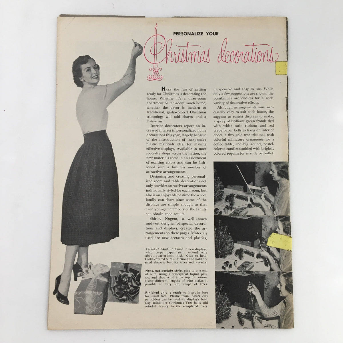 Vintage page from People and Places Magazine December 1952, titled 'Fashion's Latest: The Jeweled Touch', featuring a woman decorating for Christmas with personalized decorations and tips for creating festive displays.