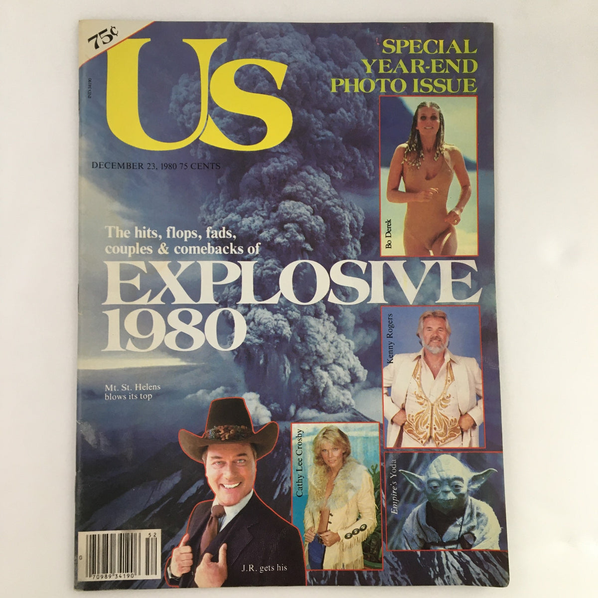 Cover of US Magazine from December 23, 1980, featuring Bo Derek, Cathy Lee Crosby, and Kenny Rogers. The magazine highlights the year-end special photo issue with the theme 'Explosive 1980', showcasing cultural events and popular figures of that year.