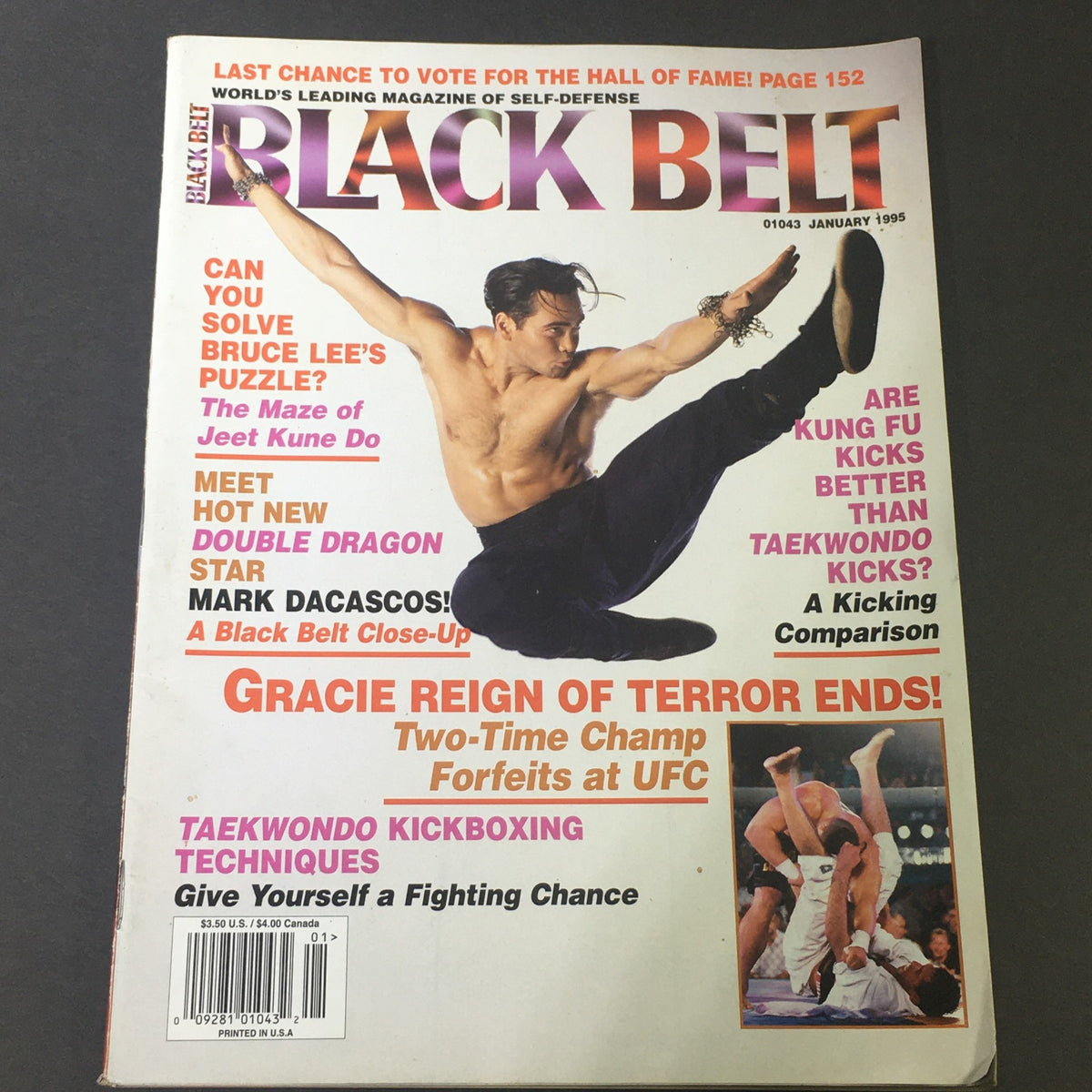 Cover of Black Belt Magazine January 1995 featuring an acrobatic martial artist, highlighting topics like Jeet Kune Do, Mark Dacascos, and Royce Gracie.
