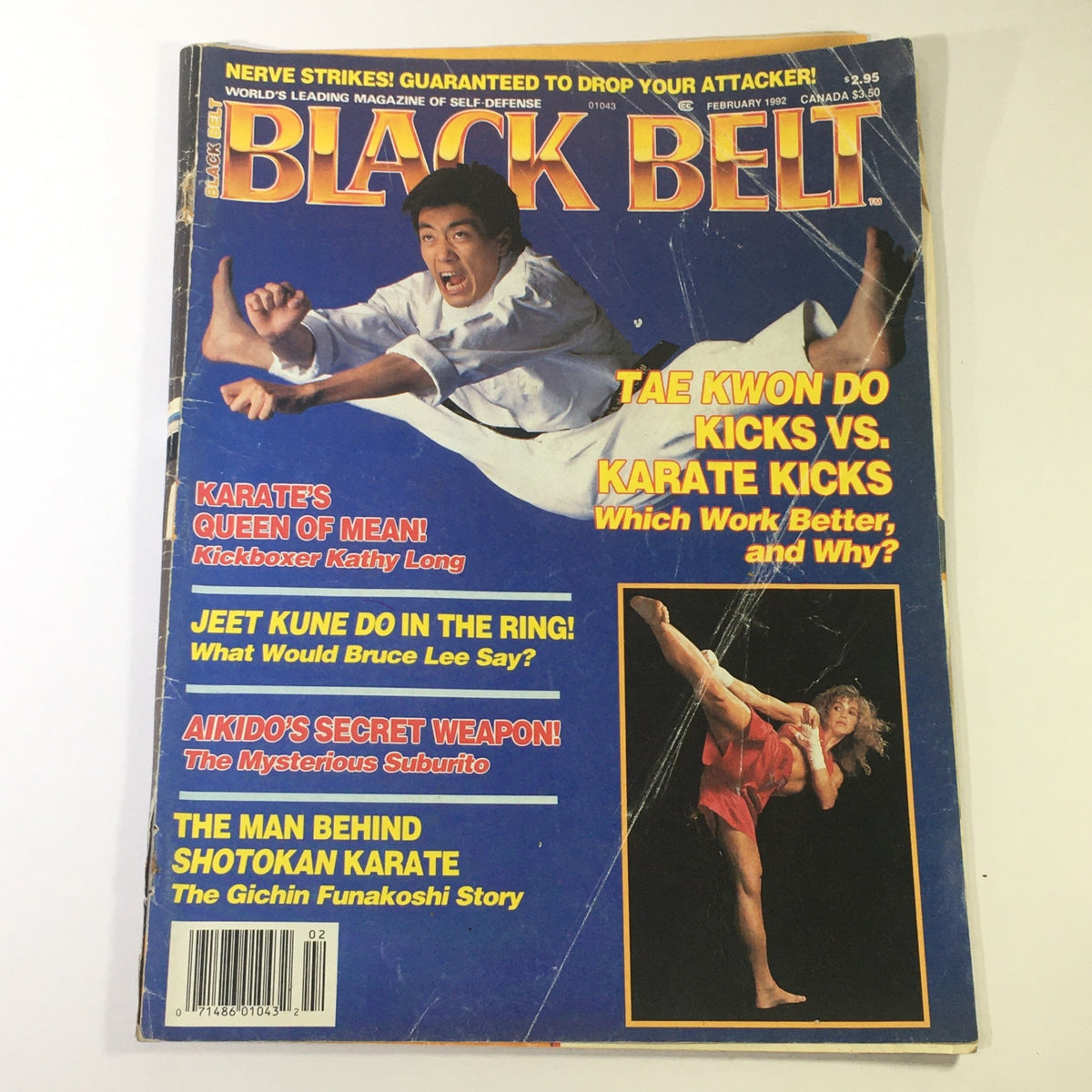 Cover of Black Belt Magazine February 1992 featuring Kathy Long, showcasing martial arts topics including Tae Kwon Do vs Karate kicks.
