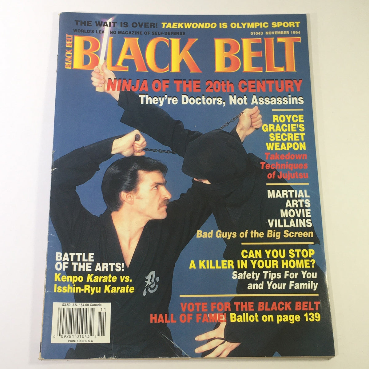 Cover of Black Belt Magazine November 1994 featuring Royce Gracie's Secret Weapon and Takedown Techniques of Jujitsu. The magazine highlights martial arts themes including a comparison of Kenpo Karate vs. Isshin-Ryu Karate and tips for self-defense.