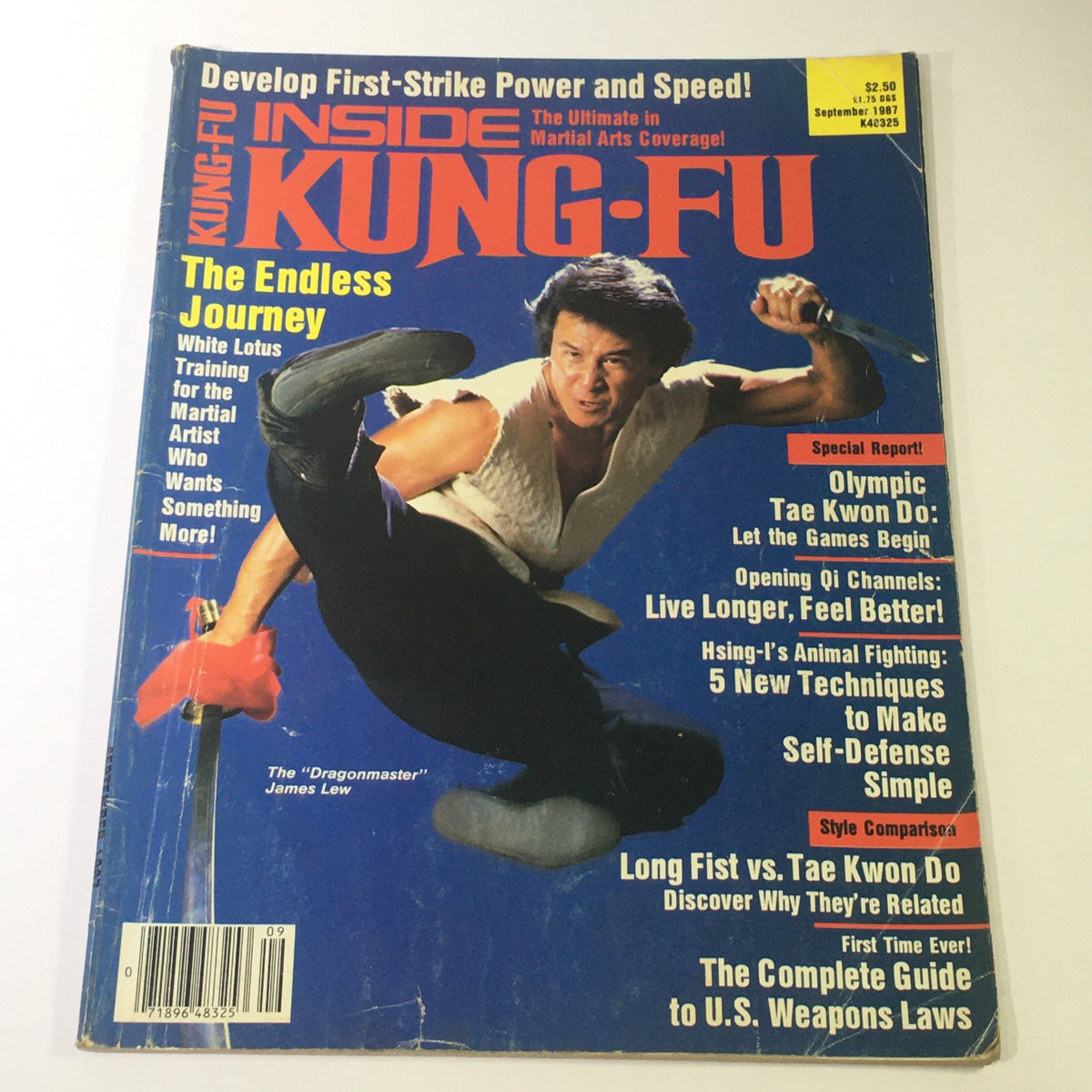 Cover of Inside Kung Fu Magazine September 1987 featuring the 'Dragonmaster' James Lew demonstrating a martial arts technique.