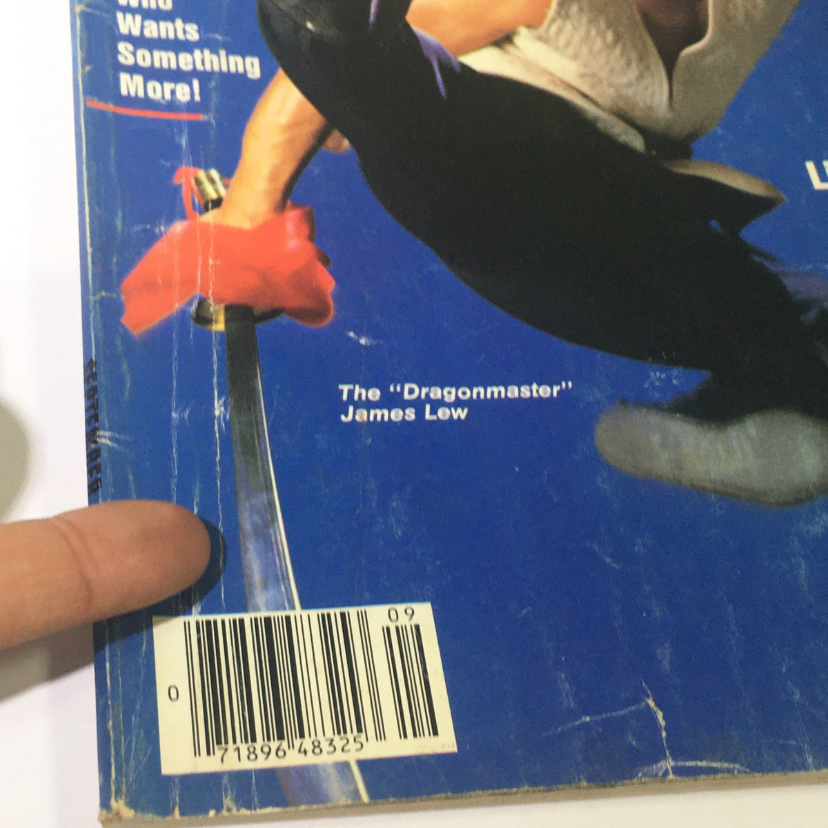 Back cover of Inside Kung Fu Magazine September 1987 displaying the barcode and additional details about the 'Dragonmaster' James Lew.